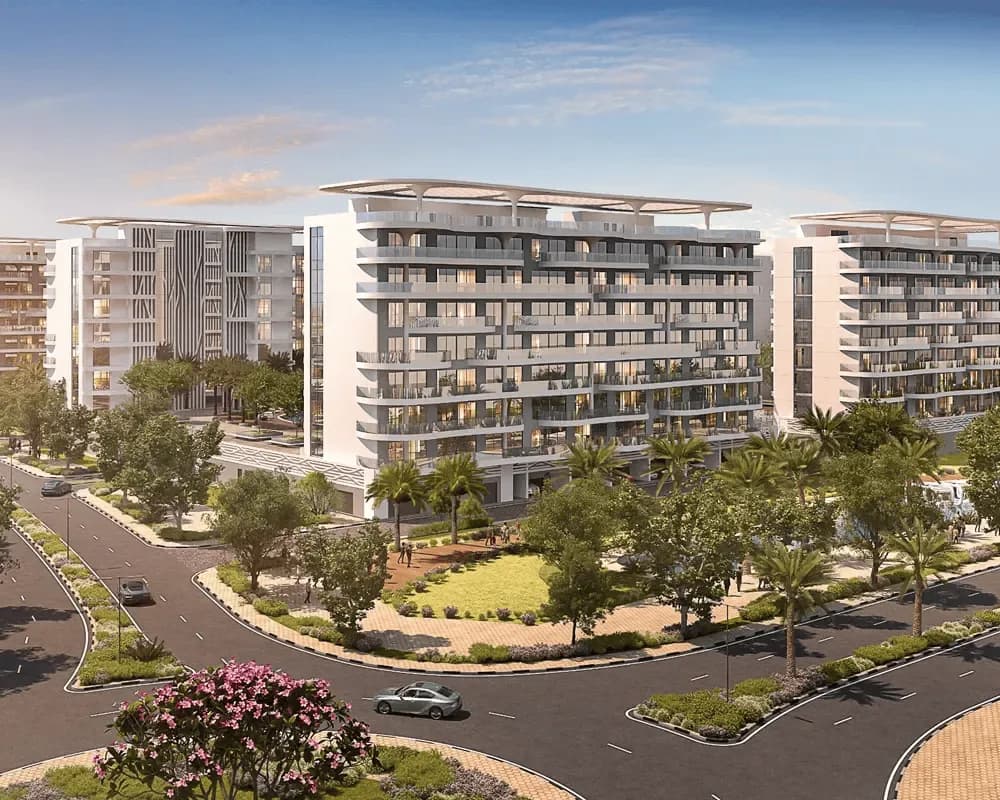 Cetara at DAMAC Lagoons — mid-rise apartment buildings with landscaped streets and palm trees in Dubailand