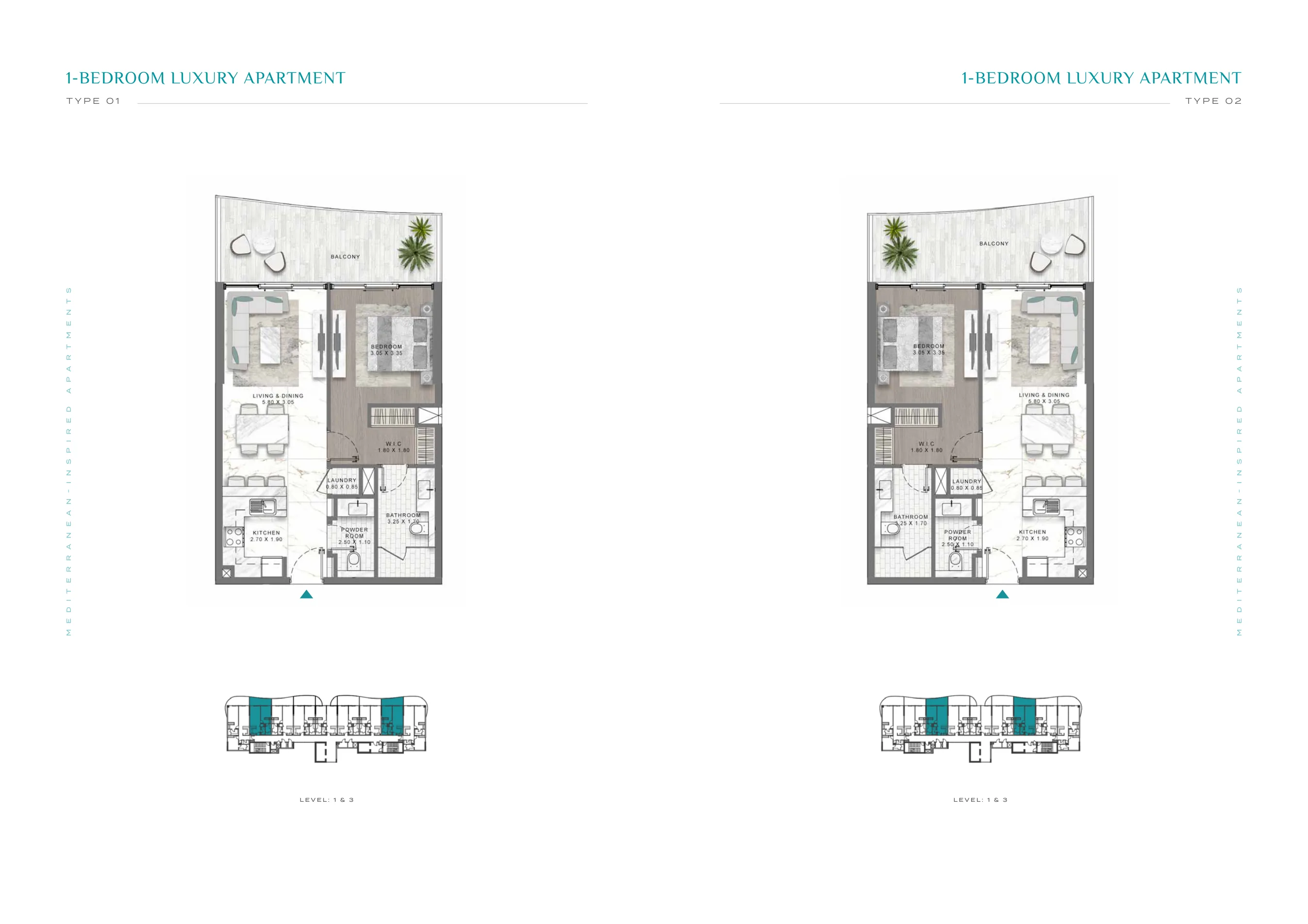 Damac Lagoons Views 1-bedroom floor plans Type 01 and 02 — levels 1 and 3