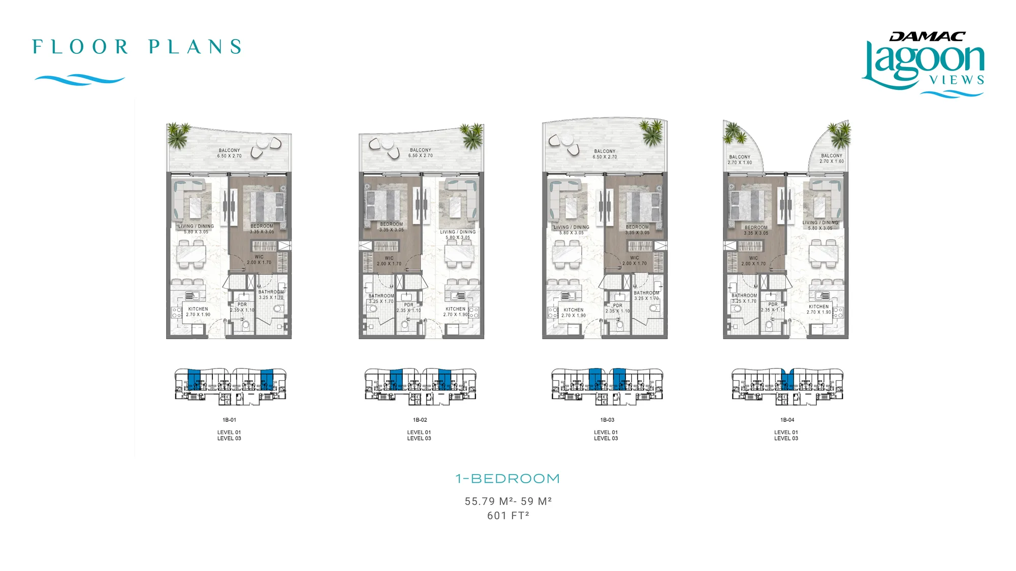 DAMAC Lagoons Views Phase 2 1-bedroom floor-plan plate — 55.79 to 59 sqm
