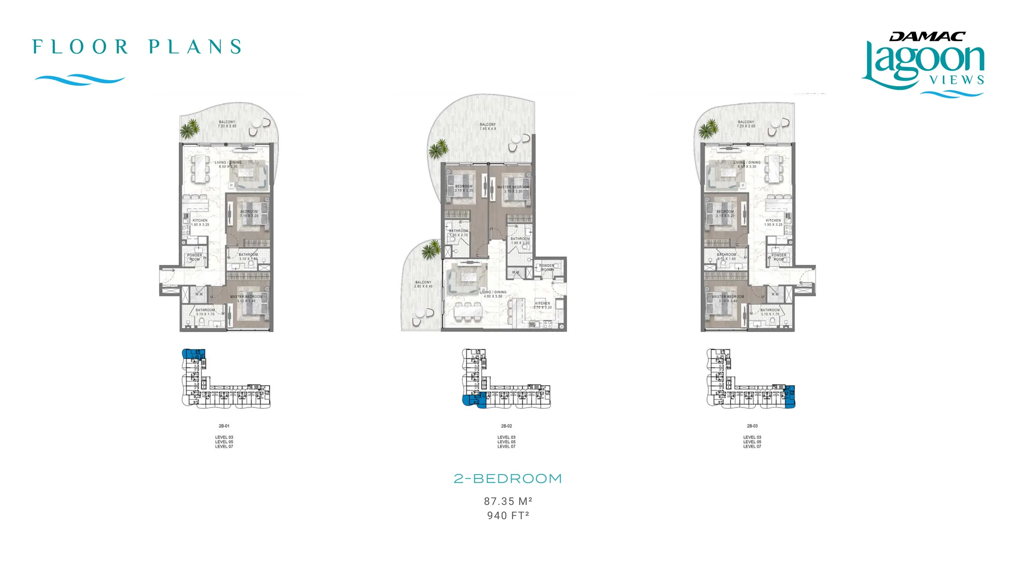 DAMAC Lagoons Views Phase 2 2-bedroom floor-plan plate — 87.35 sqm